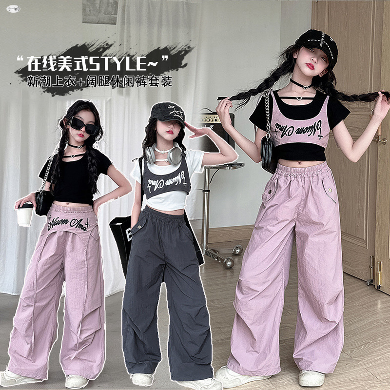 Girls Summer Suit 2025 New Medium and Large Children's Trendy Short-Sleeved T-Shirt Jazz Hip-Hop Performance Layered Cargo Pants