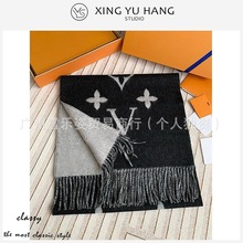 高级感双面羊绒大牌围巾女字母老花黑灰淡奶茶围脖大红保暖披肩冬