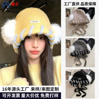 帽檐穿绳针织包头帽子批发女秋冬高级感毛线帽百搭防寒保暖护耳帽