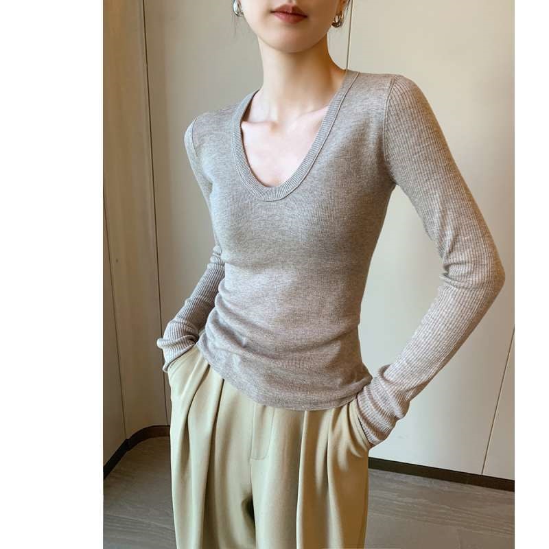 灰色领针织衫女秋季新款修身显瘦内搭打底衫紧身毛衣亚麻灰黑色