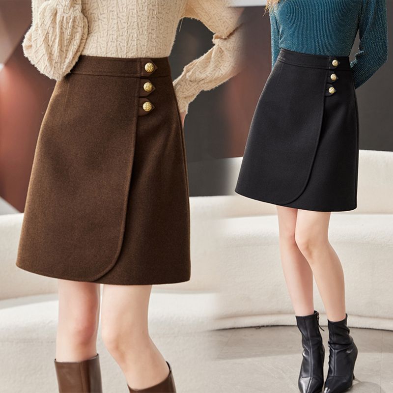 GraceChic 2025 Autumn Winter Melard Woolen Midi For Women Plus Size High Waist Slim Fit Bodycon Fashionable Elegant A-line Short_voghion.com