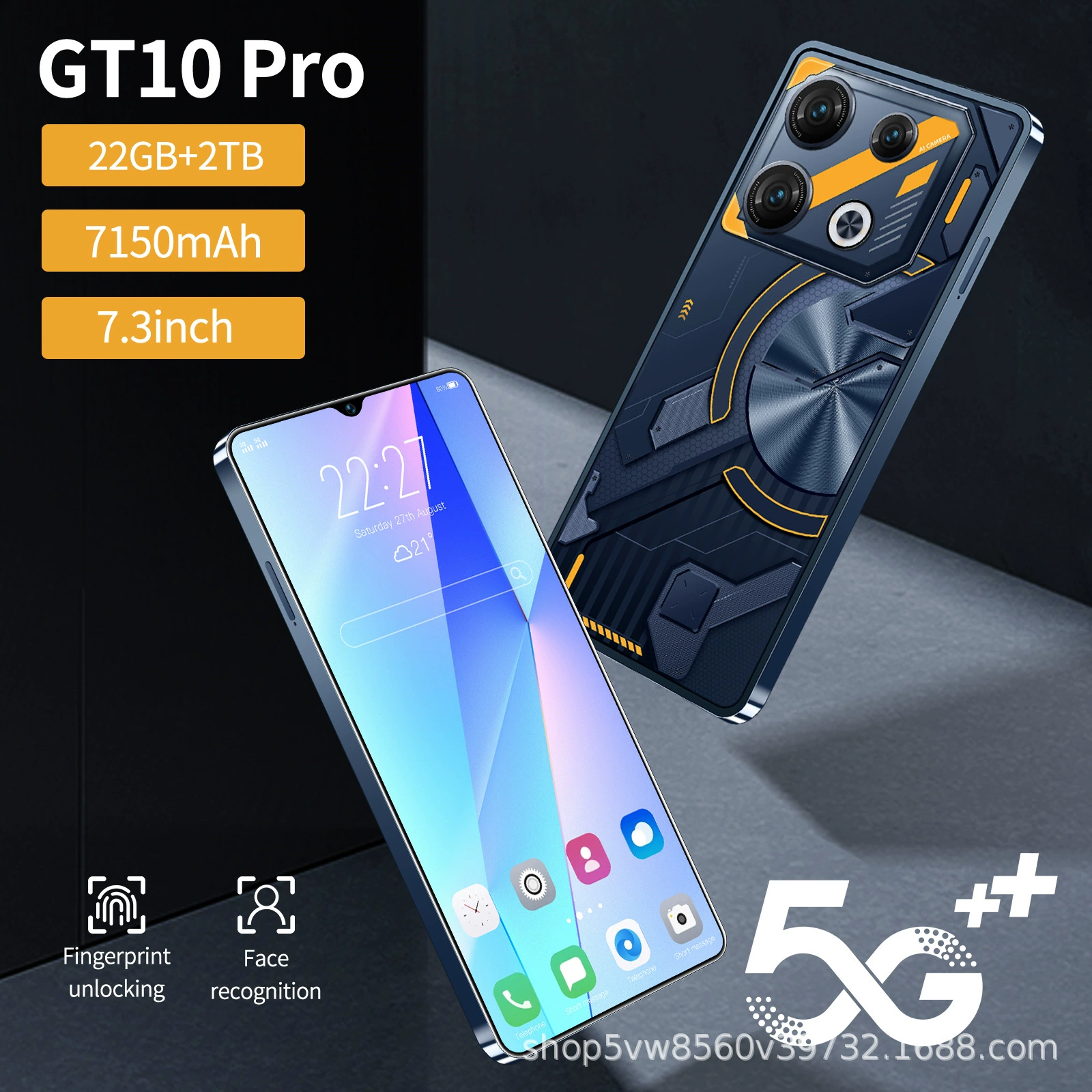 Смартфон GT10 Pro, 22 ГБ + 2 ТБ, 7.3" AMOLED, 5G, 7150 мАч, дуплекс SIM в режиме ожидания