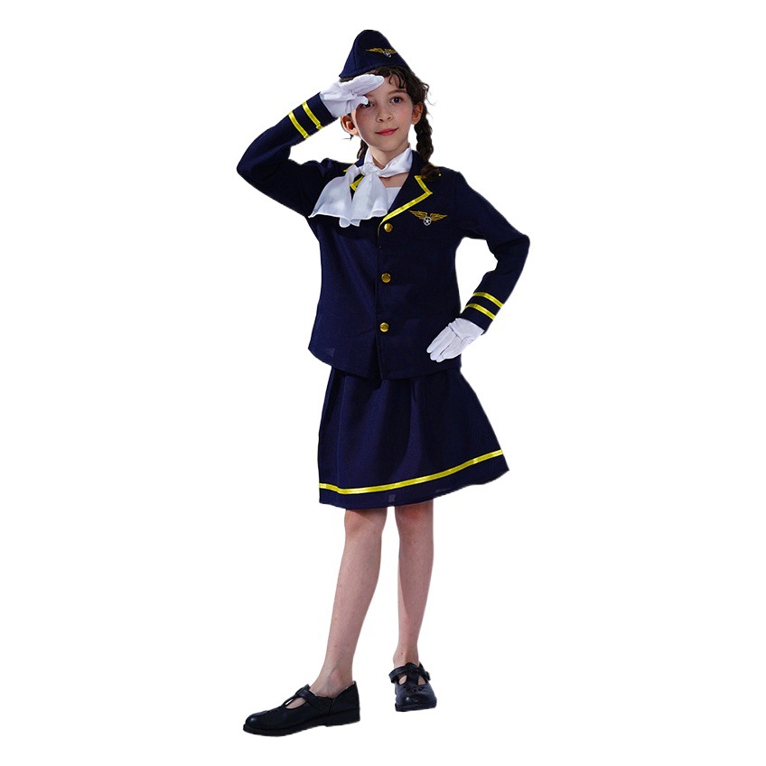 Transfronterizo niños niñas lindo asistente de vuelo traje de azafata niña azafata rol uniforme Cosplay