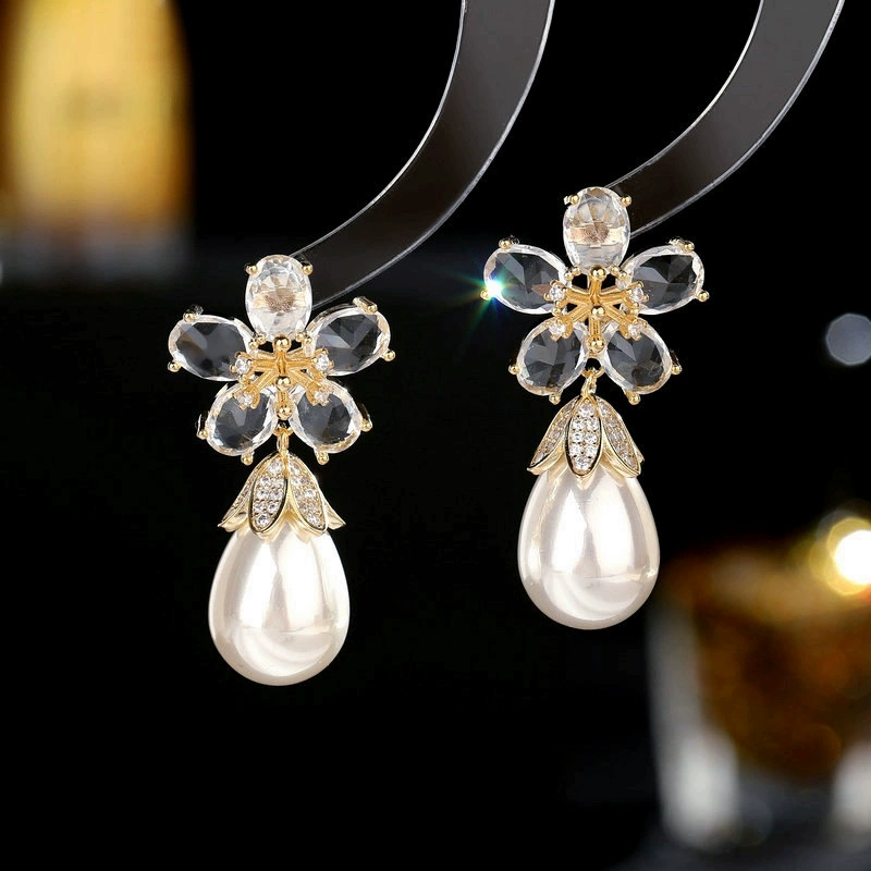 Retro earrings, elegant silver needle, zirconium from pearl, French retro style, silver 925 sample, flowered