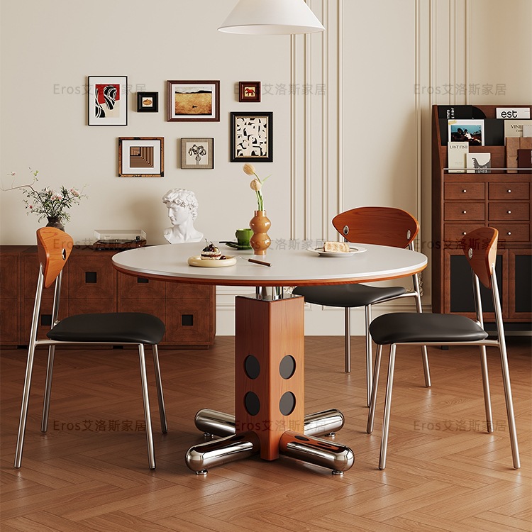 Vintage-Style Round Table with Retro Metal Legs, Nordic Bauhaus Solid Wood Polka Dot Round Rock Slab Dining Table