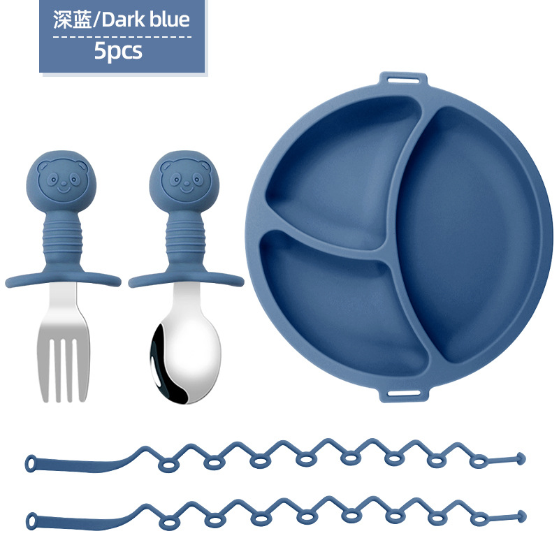 Placa de comedor de cadena anti-pérdida para niños, entrenamiento para bebés, plato de comedor dividido, cuchara de tenedor, suplemento alimenticio de silicona para bebés, cuchara de oso, tenedor