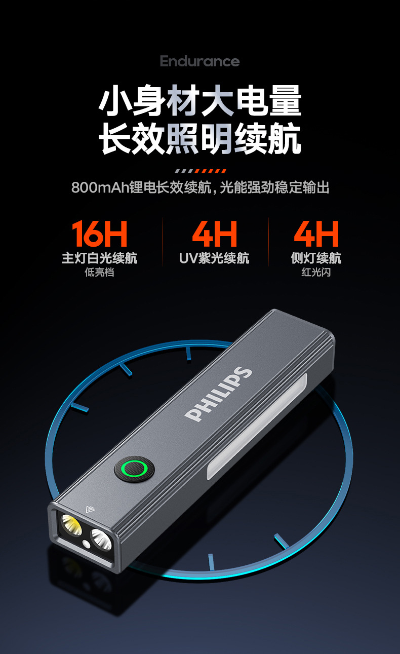 Philips high-brightness flashlight, UV light for identification, household small laser pointer, multifunctional outdoor lighting emergency light