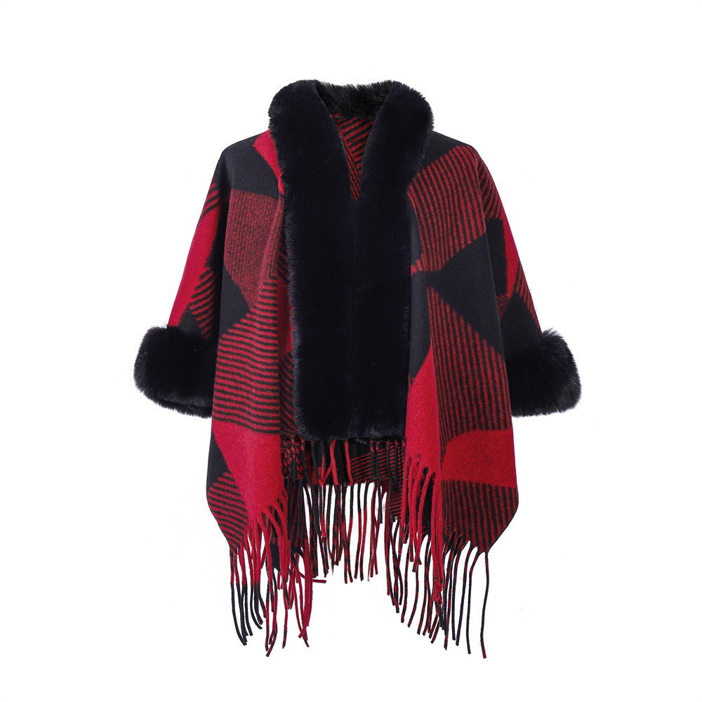 Jacquard Christmas Red Fur Collar Geometric Tassel Shawl