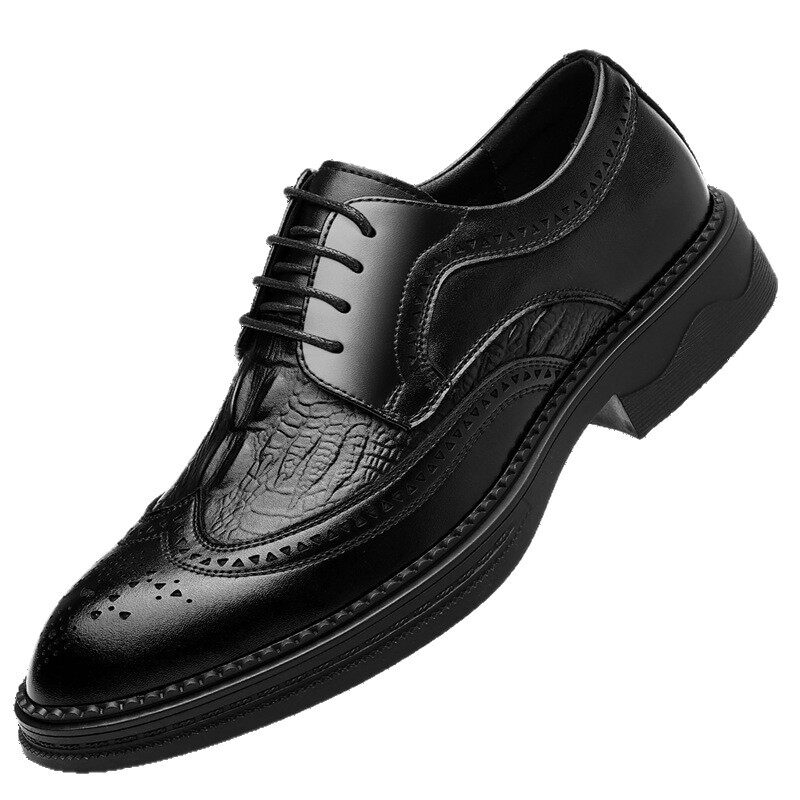 Giày da nam công sở da bò vân cá sấu mũi nhọn kiểu Brogue tăng chiều cao — Nâu công sở, Đen thời trang