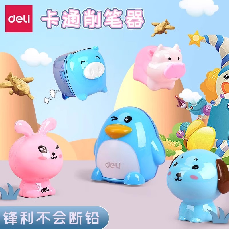 Deli 0560 Cartoon Pencil Sharpener for Children Rabbit Piglet Pencil Sharpener for Students Cute Mini Portable Pencil Sharpener
