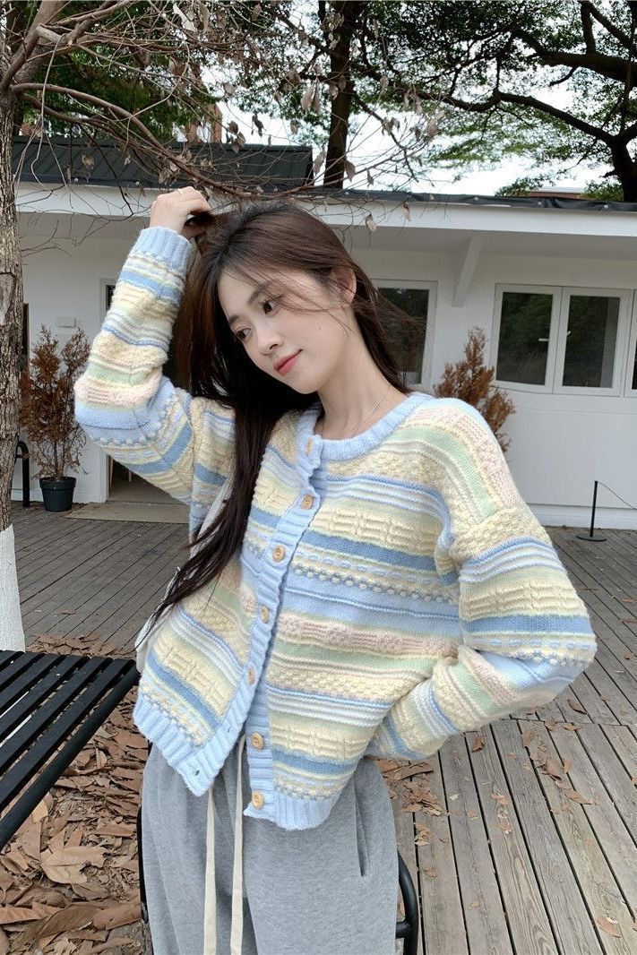 早秋季2025年新款韩版宽松条纹外衣百搭针织毛衣薄款开衫外套女士
