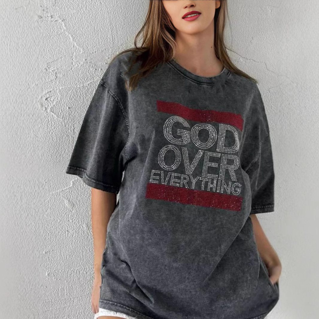 American Style Retro Distressed Washed Black 100 Cotton Short-sleeved T-shirt European and American Style Hot Drilling All-match Loose Lazy Fashion
