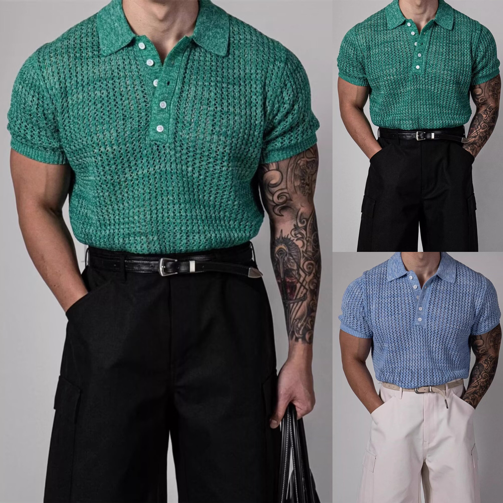 Polo camiseta de punto camiseta de manga corta camiseta de hombre solapa hueco textural viejo dinero viento hielo seda fábrica transfronteriza al por mayor
