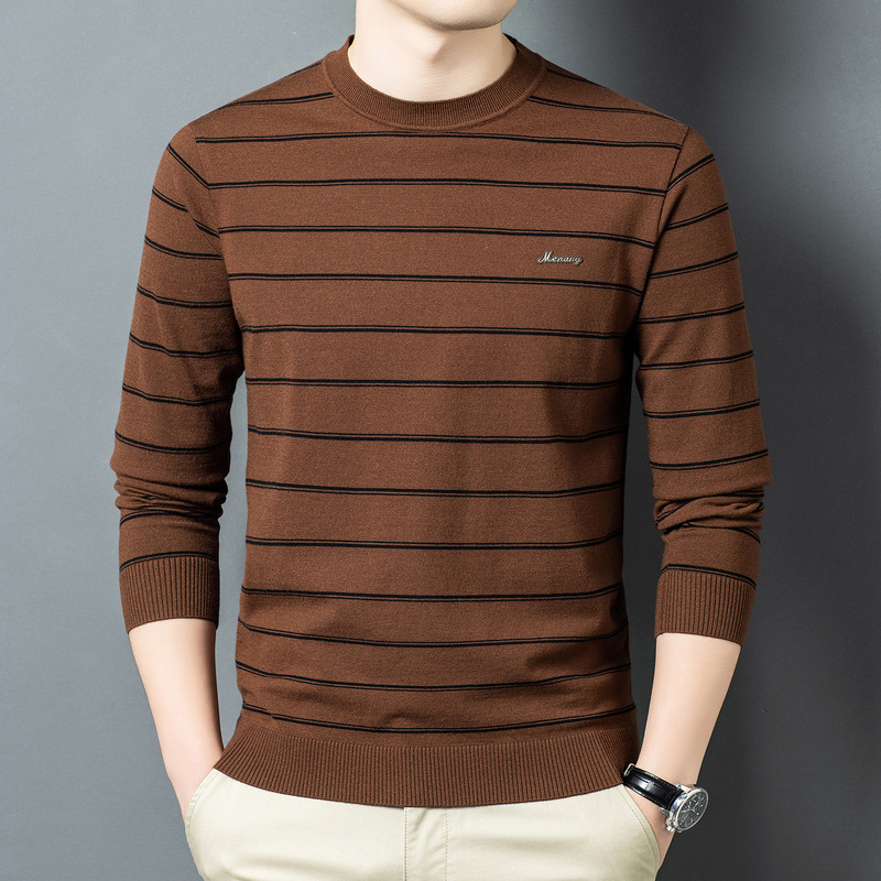 Men's striped knit undershirt, spring/autumn style, simple round-neck sweater, thin and loose-fitting, casual long-sleeved inner layer Men's striped knit undershirt, spring/autumn style, simple round-neck sweater, thin and loose-fitting, casual long-sleeved inner layer