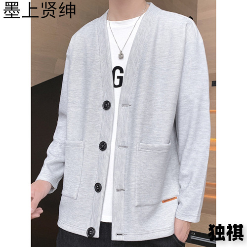Chic Brand Waffle Collar Men's Spring and Autumn Single Button V-Neck Sweatshirt Casual Jacket Korean Style