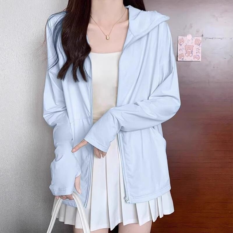 Solid Color Trendy Women's Loose-Fitting Sports Ultra-Thin Hooded Windbreaker Summer Ice Silk Sun Protection Clothing Outerwear Women's Sun Protection Clothing