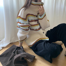 韩国ins冬日小众复古撞色条纹翻领单排扣棒针毛衣保暖厚外套韩版