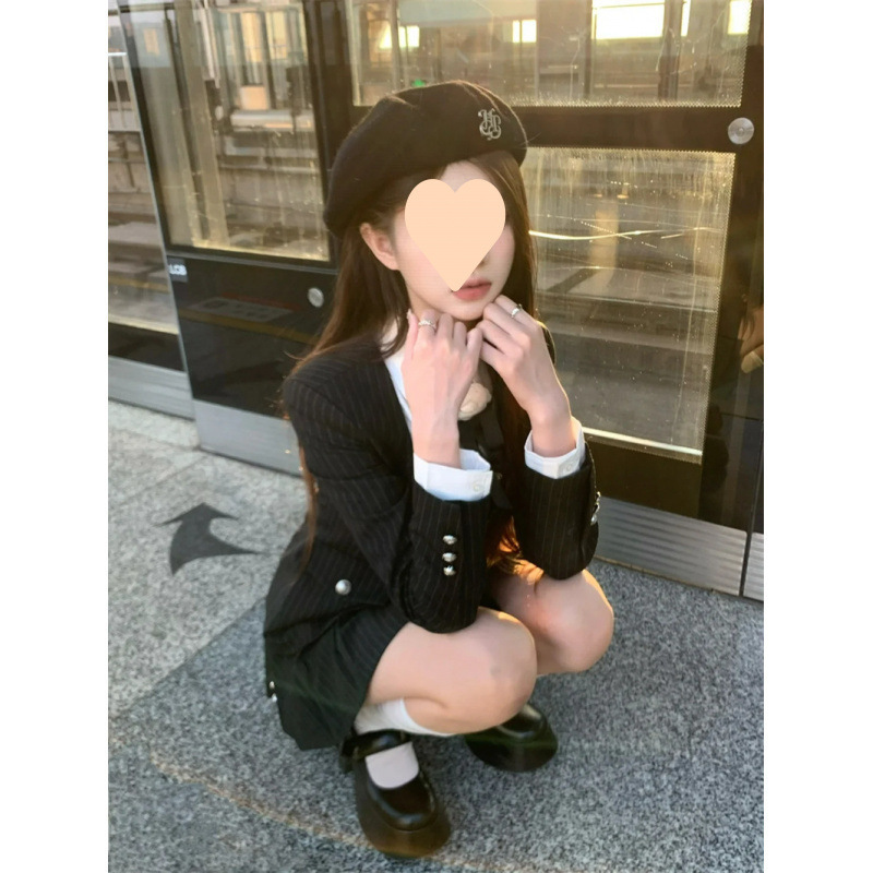 复古非正式休闲收腰显瘦西服套装秋季新款富家千金风百褶裙两件套|undefined