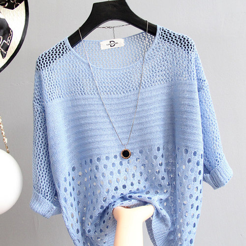 Spring and Autumn Round Collar Slim Fit Medium-Sleeve Lace Knit Tunic Top for Women, Hoodless, Thin, Loose, Versatile, Simple, Covering Shirt