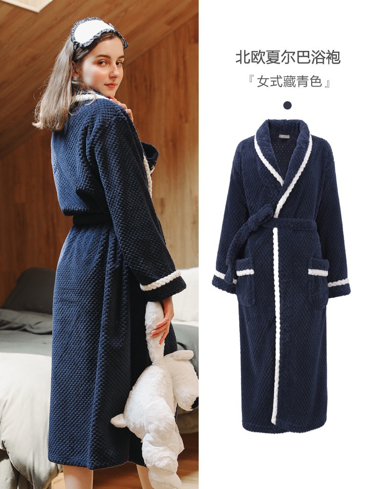 En stock Otoño e Invierno jacquard coral vellón espesado polar caliente de los hombres y las mujeres camisón espesado Albornoz pareja Pijamas