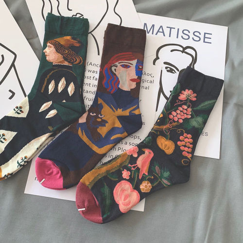 Retro piles of socks for women, spring and autumn style couple trendy socks, summer mid-calf socks ins, Korean version of stockings, retro oil painting