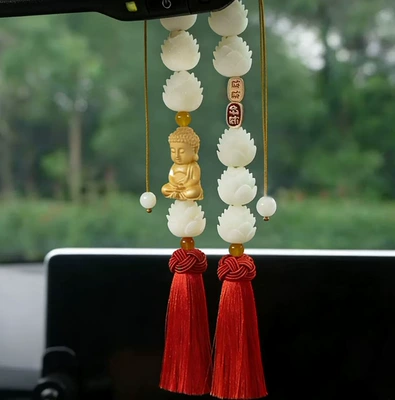 Car-Mounted Lotus Good Luck Pendant Car Interior Decoration Buxus Small Buddha Rearview Mirror Safety Pendant Tassel Car Hanging (Car hanging) - good-luck-double-tassel-little-buddha-red