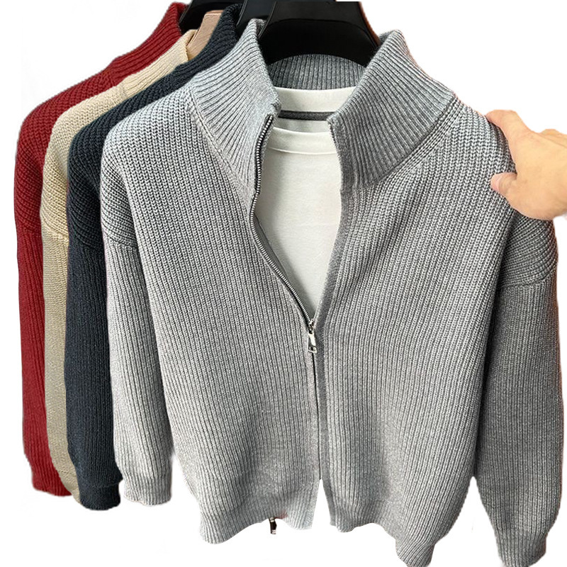 Cross-Border Popular European Size Large Cardigan Solid Color Zipper Sweater Men's and Women's Knitted Sweater Jacket Men's Stand Collar Factory Wholesale