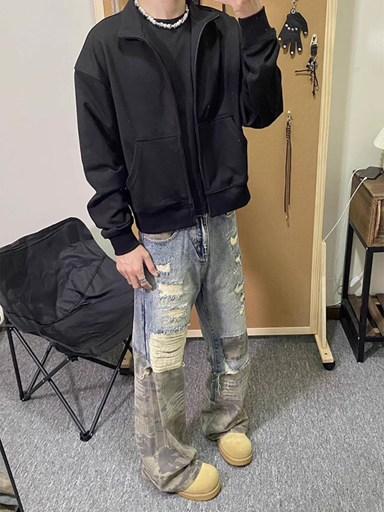American Retro Fake Two-piece Jeans Design Sense Premium Camouflage Splicing Ripped Men's Cleanfit Straight Pants_viptrois.com