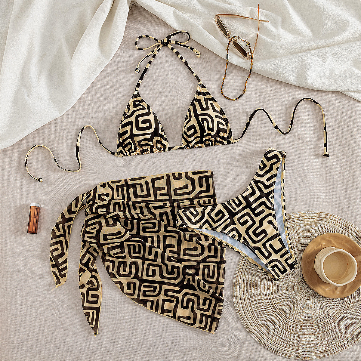 Women's Geometric Pattern Three Piece Bikini Set European And American Style Cover Up New Arrival In Stock_voghion.com