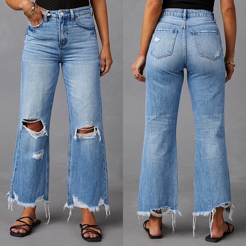 2025 Cross-Border New Wide-Leg Pants with Tassels, Washed Tie-Dye Ripped High-Waisted Jeans, Straight-Leg Casual Pants for Women