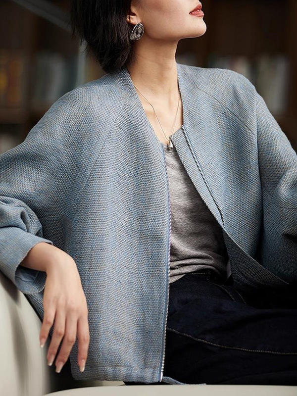 重磅亚麻宽松显瘦拉链款慵懒风宽松外套上衣女秋季高级质感新款|undefined