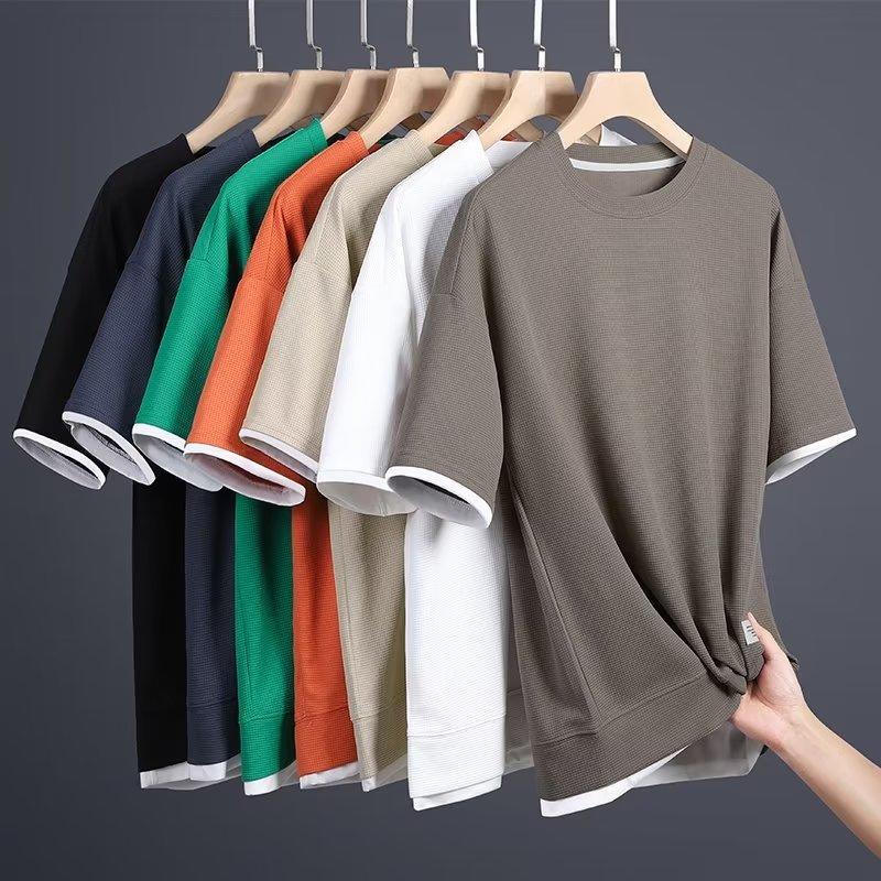 Shan Shao Clothing Waffle Knit Crew Neck Short Sleeve Men's Summer New Style Faux Two-Piece Loose Plus Size Ice Silk Thin Five-Sleeve