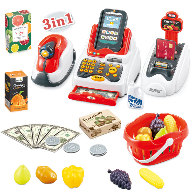Comercio exterior niños de simulación de escaneo de tarjetas de crédito cesta de la compra caja registradora juego casa supermercado caja registradora combinación traje Juguetes