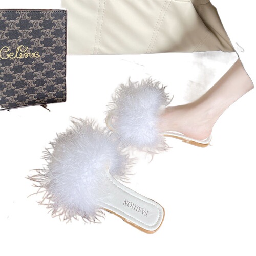 Women's Summer Outerwear Bunny Hair Fringe Sandals for Friends Social Half-Hot Trendy Slippers