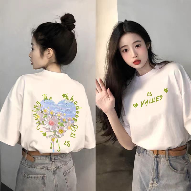 White Cotton Short-sleeved T-shirt Women's 2025 New Explosions Summer Western Style Age-reducing Loose plus size T-shirt Top White Cotton Short-sleeved T-shirt Women's 2025 New Explosions Summer Western Style Age-reducing Loose plus size T-shirt Top
