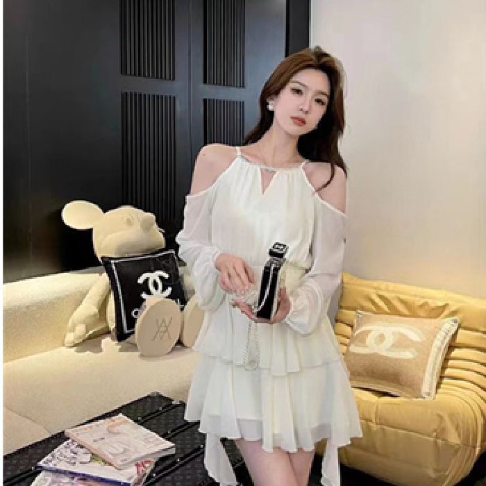 French Halterneck Off-Shoulder Chiffon Dress Fairy Spring and Summer Elegant High-End Seaside Vacation Beach Fluffy Skirt