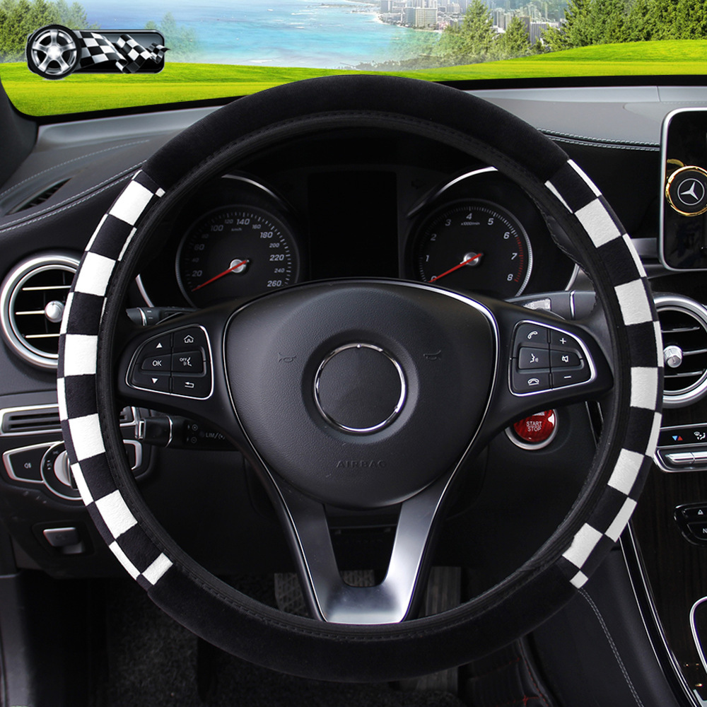 Negro y blanco Plaid felpa invierno cálido coche accesorios sin anillo interior cubierta del volante adecuado para 14,5-15 pulgadas mujeres
