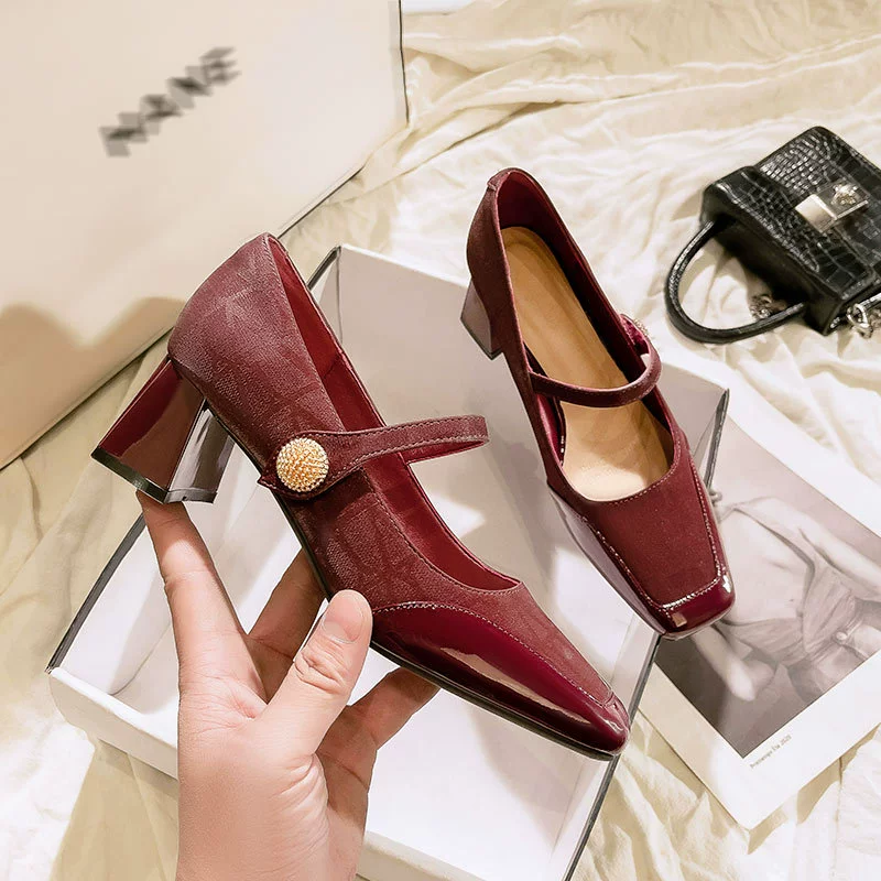 Французские туфли Мэри Джейн на толстом каблуке 2025 новый весенне-осенний винно-красный волшебный пряжка с высокими каблуками большого размера не утомляет ноги