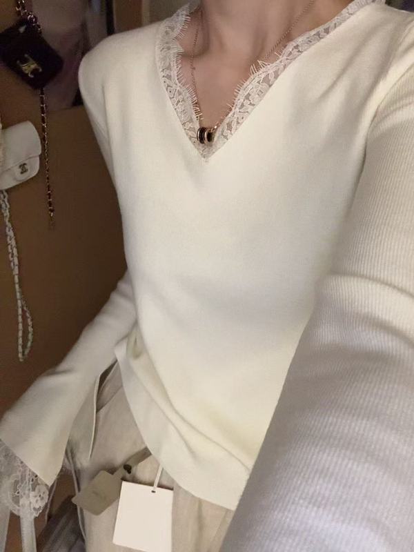 法式气质蕾丝拼接V领针织衫女秋冬超好看内搭毛衣喇叭袖打底上衣|undefined