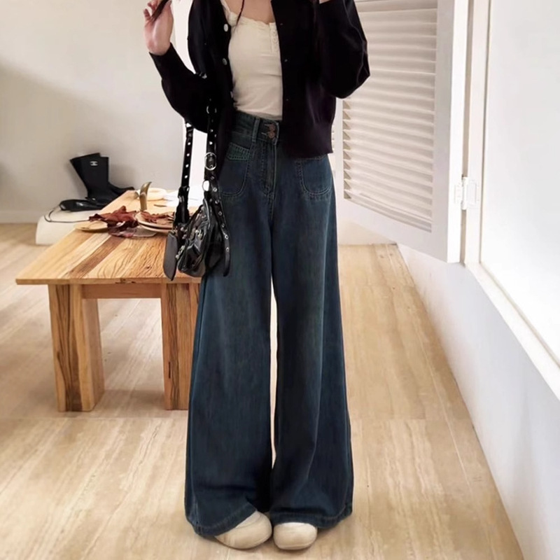 Wide-Leg Jeans Plus Size for Curvy Women, Slimming Women's Pants, Spring and Autumn Style, Pear-Shaped Figure, High-Waisted Loose Straight-Leg Long Pants Wide-Leg Jeans Plus Size for Curvy Women, Slimming Women's Pants, Spring and Autumn Style, Pear-Shaped Figure, High-Waisted Loose Straight-Leg Long Pants