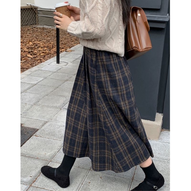 复古格子百褶半身裙女春秋季新款学院风中长裙宽松高腰显瘦A字裙|undefined