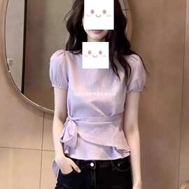 韩系紫色泡泡袖圆领上衣女2026新款夏季减龄百搭系带收腰衬衣露肩