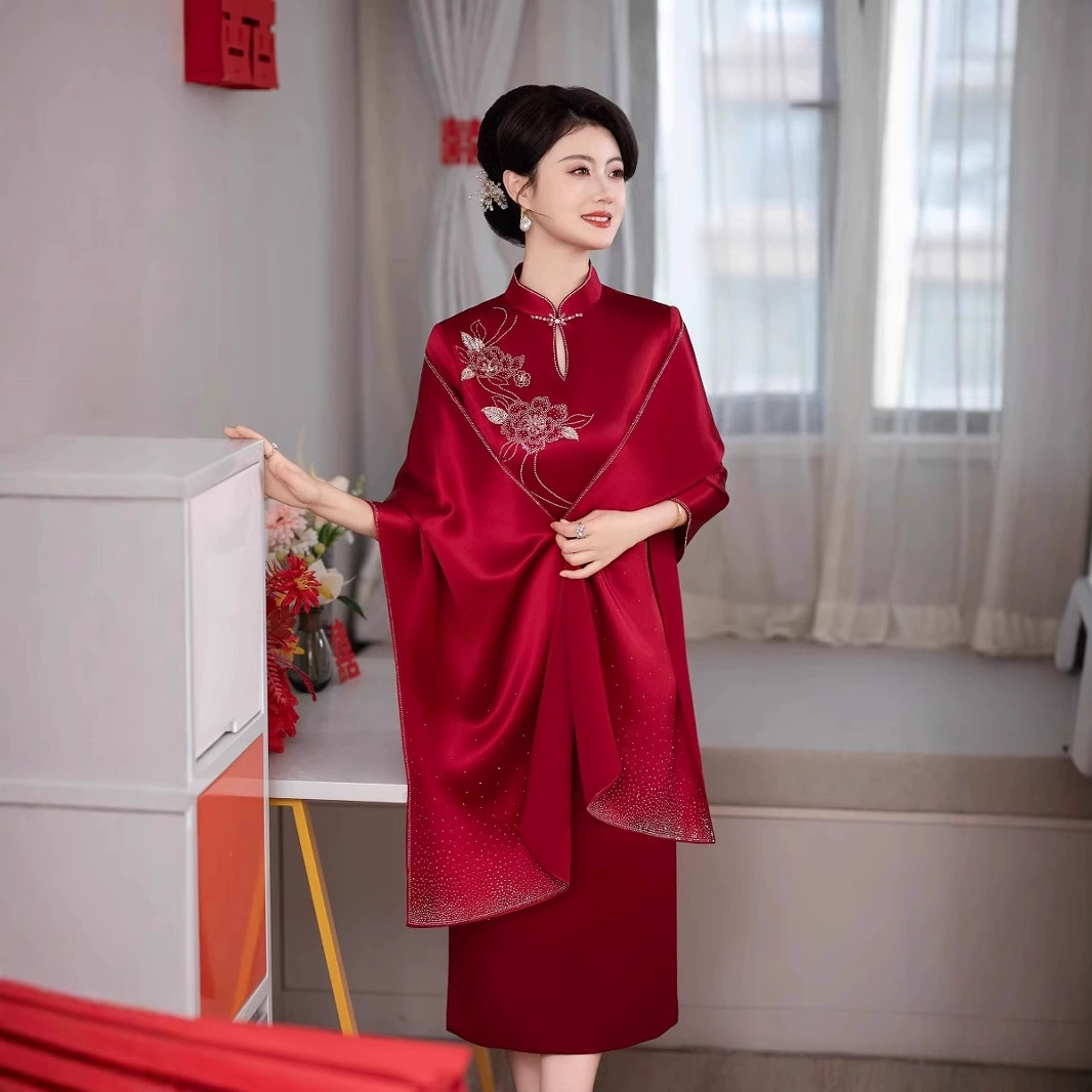 2025 новый летний винно-красный женский платок мама свадебное платье cheongsam