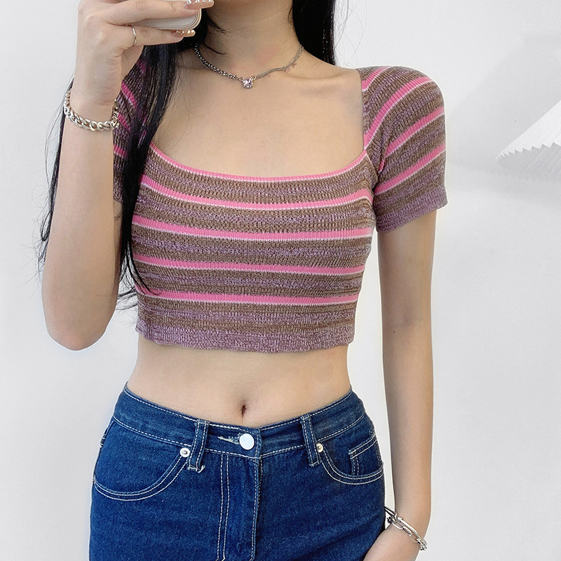 square collar short-sleeved slim striped contrast color T-shirt NSGWY122758