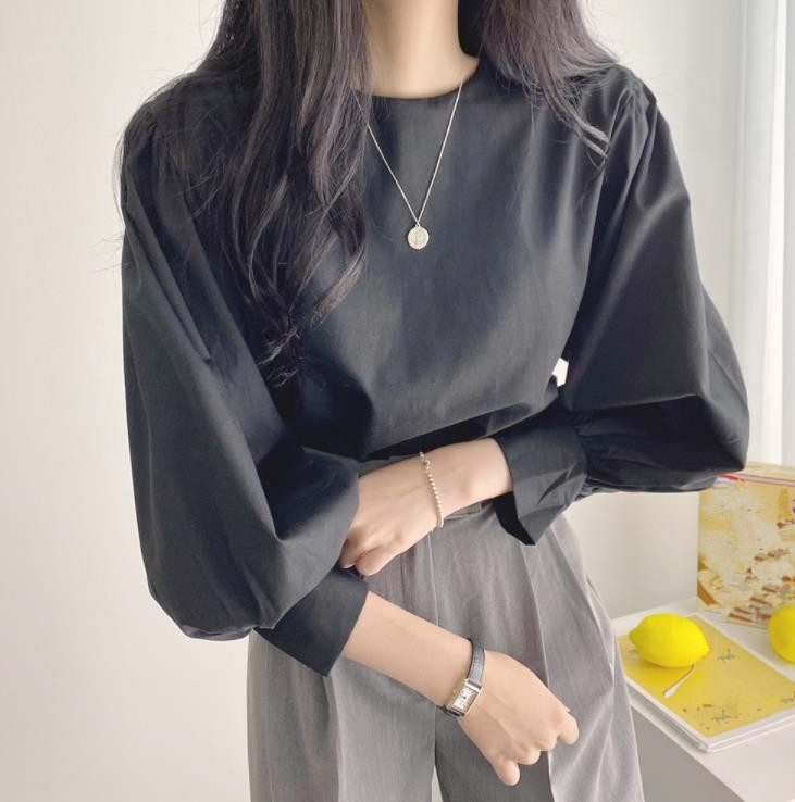 春先フレンチレトロファッションシンプルデザインプリーツパフスリーブラウンドネックプルオーバーシャ​​ツトップ|undefined