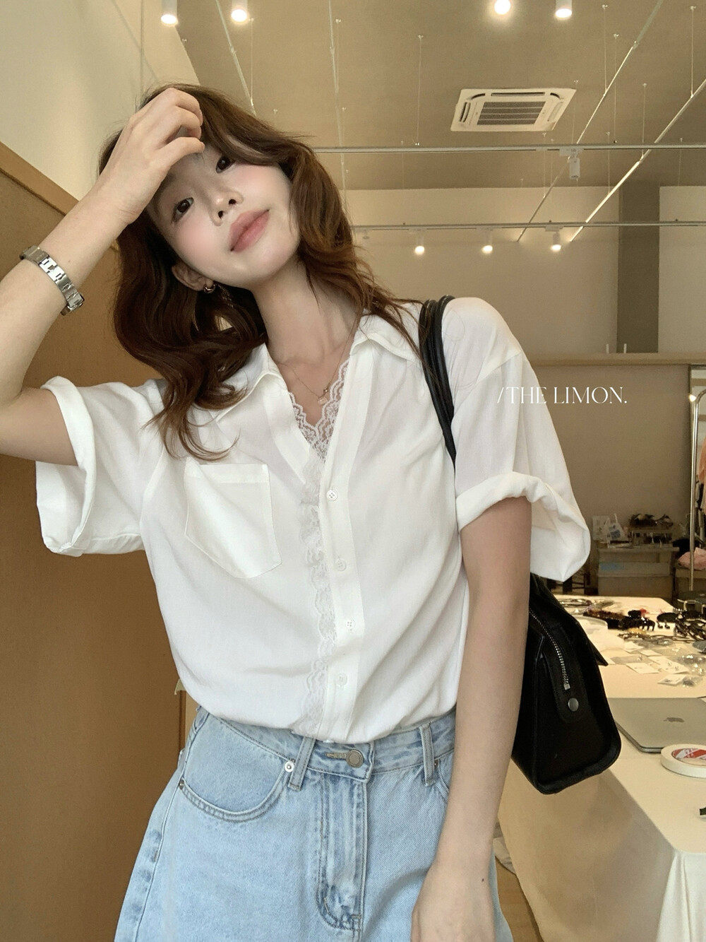 Áo sơ mi tay ngắn nữ phối ren viền cổ, dáng rộng mùa xuân hè — màu trắng, Xanh da trờicolor chi tiết 7