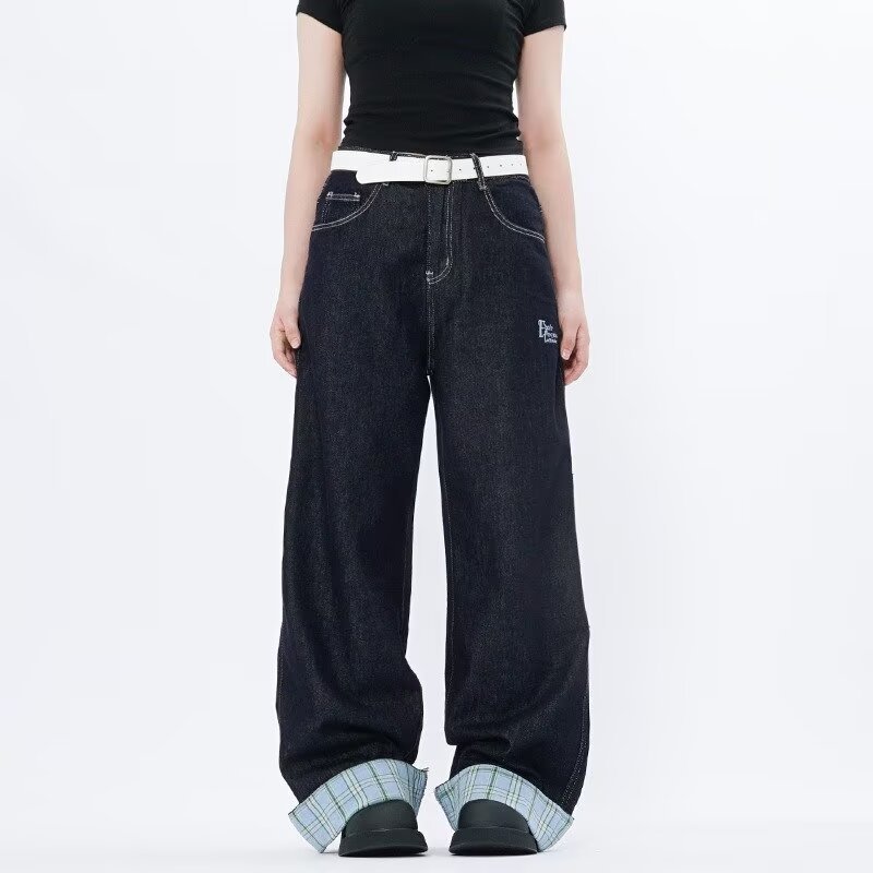 American Style Straight-Leg Rolled Hem Jeans Men Women, Spring And Autumn New Loose Patchwork Plaid Blue Pants For Men,_mkmklike.com