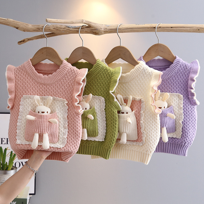 Girls' Round Neck Sleeveless Sweater Vest, Spring and Autumn 2024, Cute Cartoon Pocket Knitted Sweater Vest