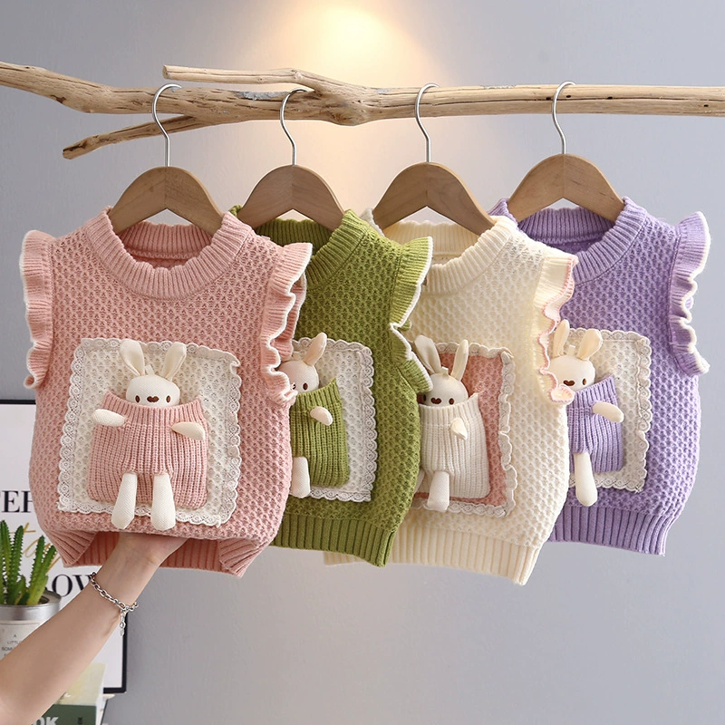 Девушка с круглым вырезом свитер без рукавов жилет весна осень 2024 детский мультяшный карман милый чек вязаный жилет