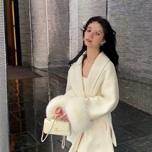 秋冬新款双面羊绒大衣狐狸气质法式斗篷羊毛外套系带女装毛呢